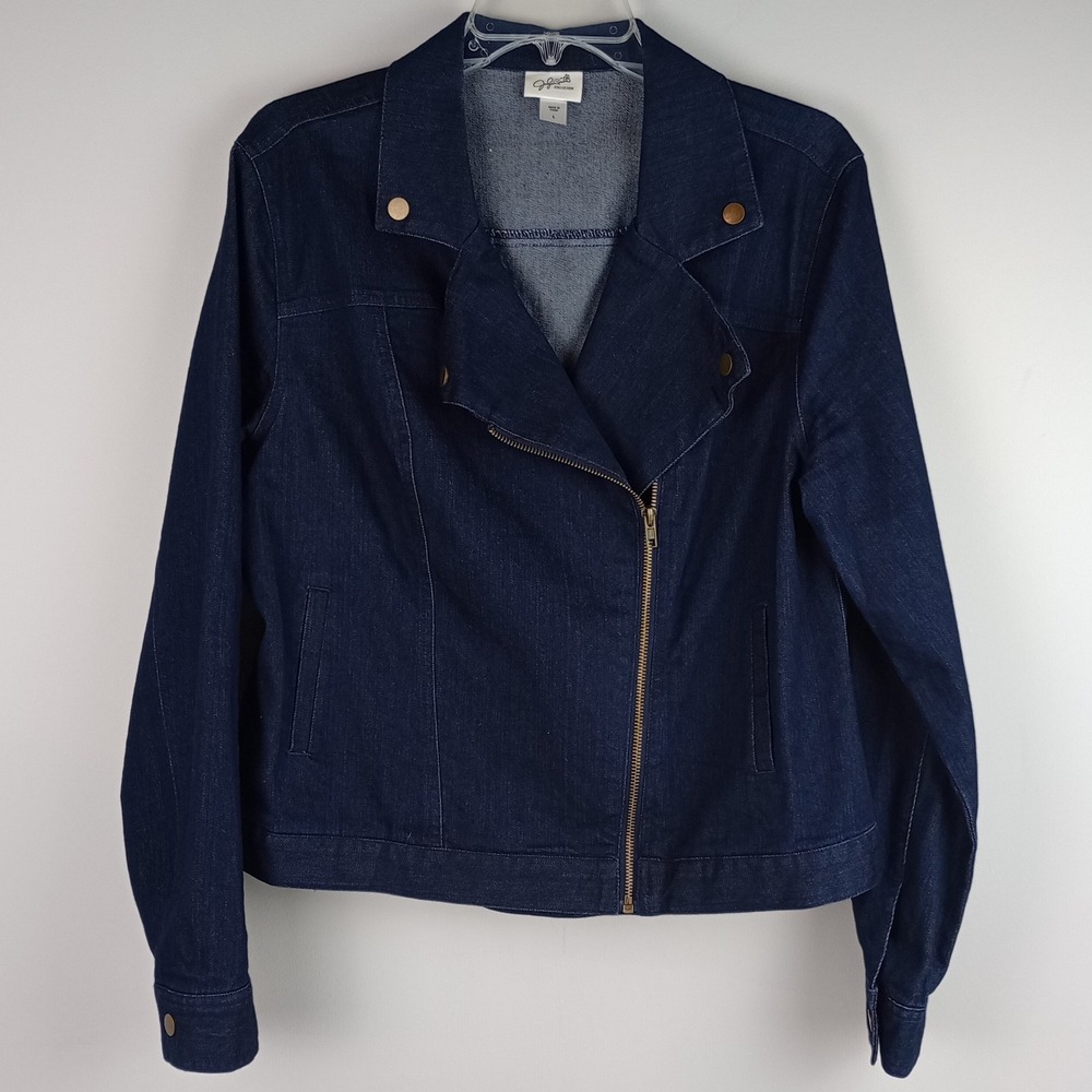 Jaclyn Smith Womens L Blue Moto Asymmetrical Zip Stretch Denim Moto Jacket
